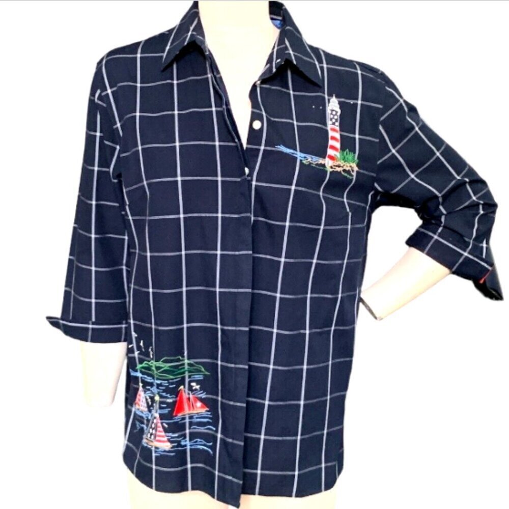 Karen Scott Nautical Theme Button Down Top M‎ Blue 136C